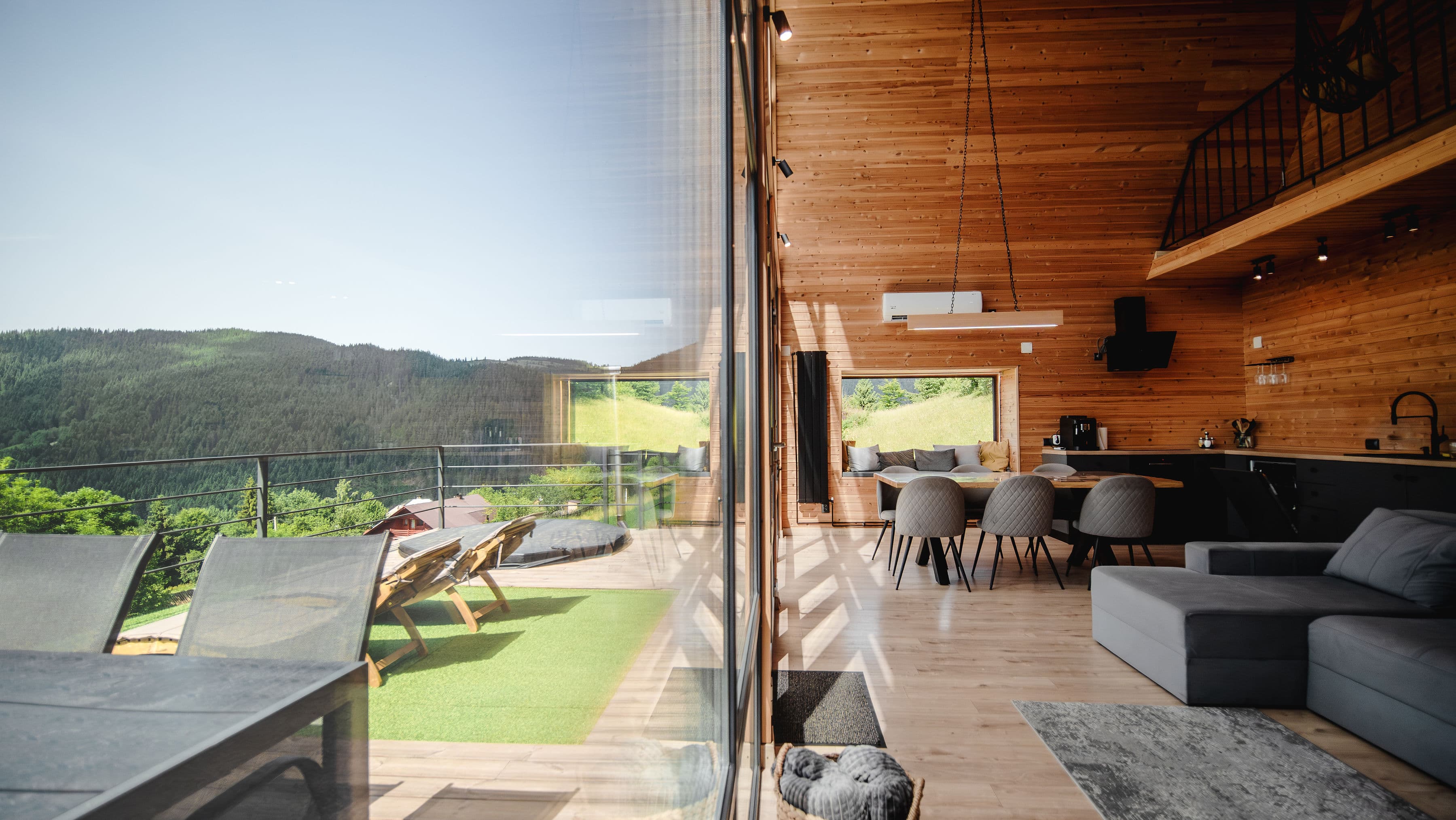 Living room, dinning table, couch with view